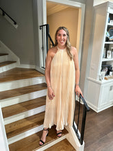 Load image into Gallery viewer, Champagne Pleated Satin Halter Dress