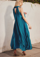 Load image into Gallery viewer, Mediterranean Blue Satin Pleated Maxi Dress