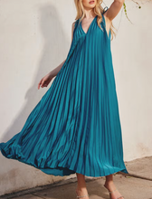 Load image into Gallery viewer, Mediterranean Blue Satin Pleated Maxi Dress