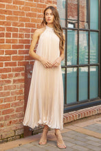 Load image into Gallery viewer, Champagne Pleated Satin Halter Dress