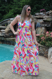 Abstract Print Trim Striped Maxi Dress