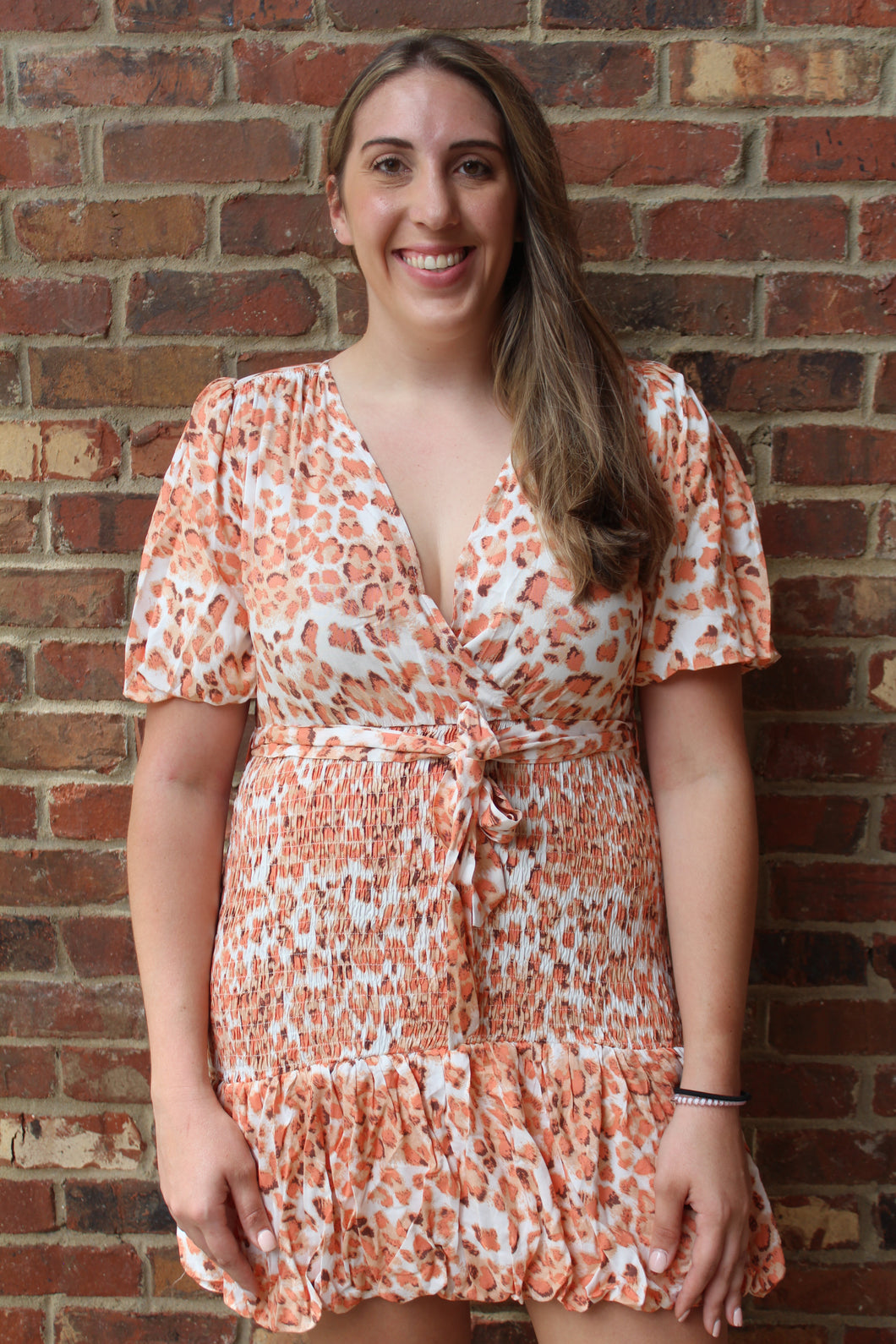 Peach Leopard Puff Sleeve Dress