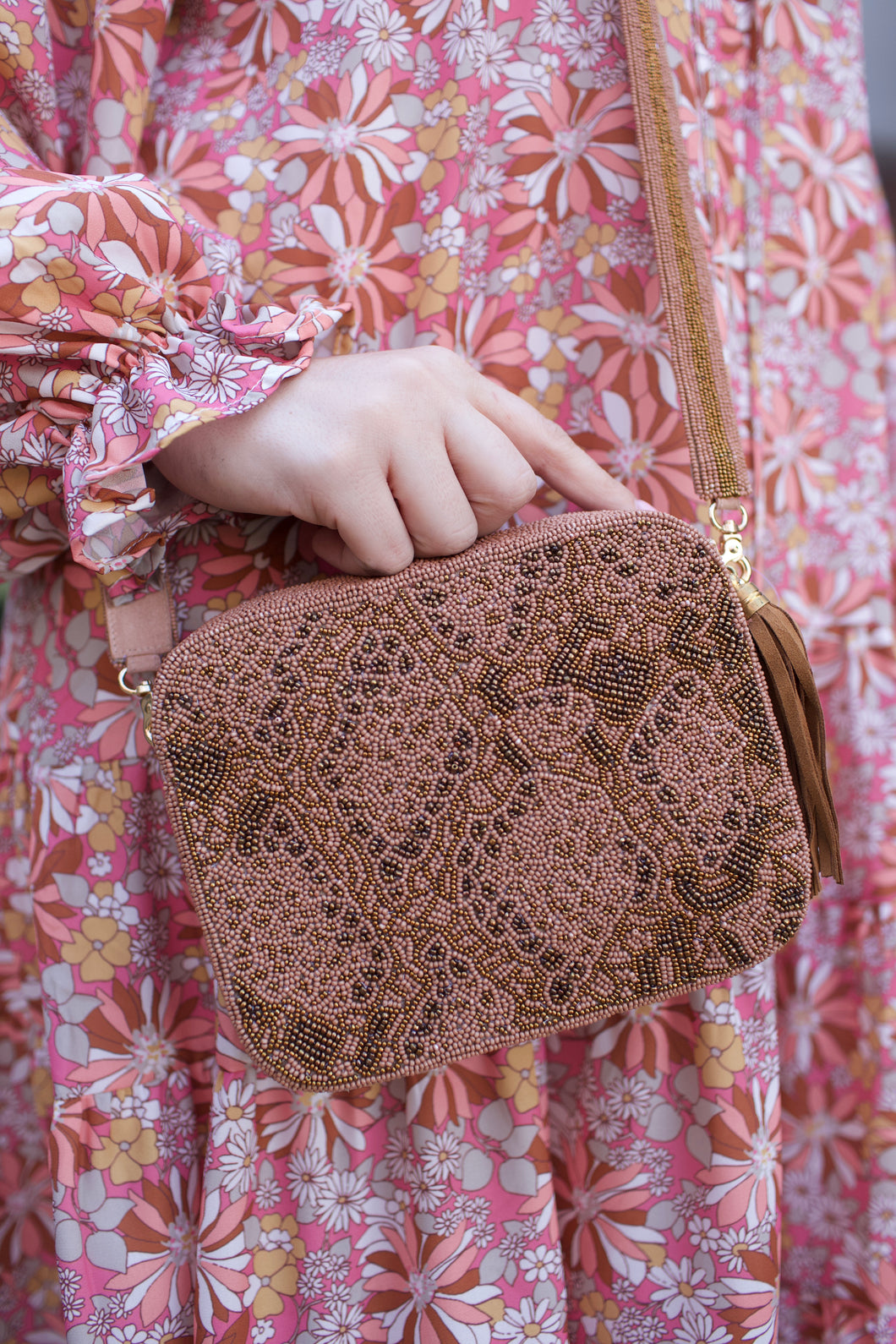 Neutral Snakeskin Beaded Purse