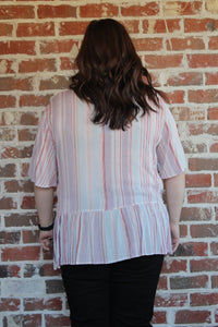 Pink Striped Button-Down Peplum Top Curvy