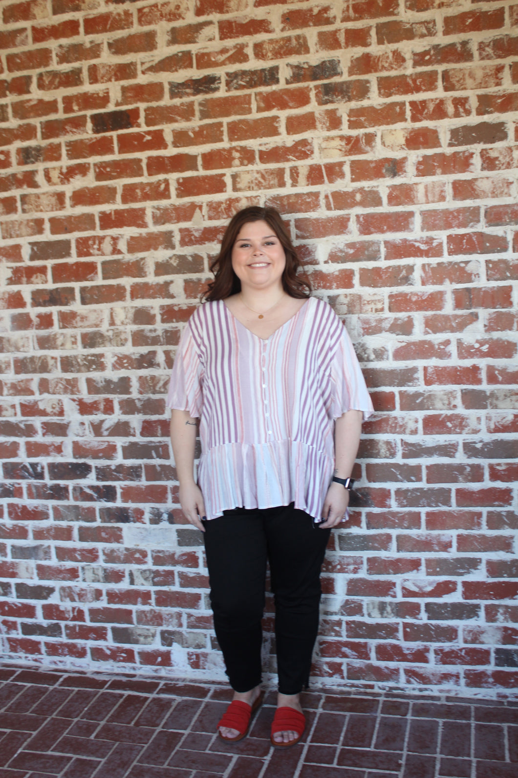 Pink Striped Button-Down Peplum Top Curvy
