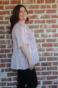 Pink Striped Button-Down Peplum Top Curvy